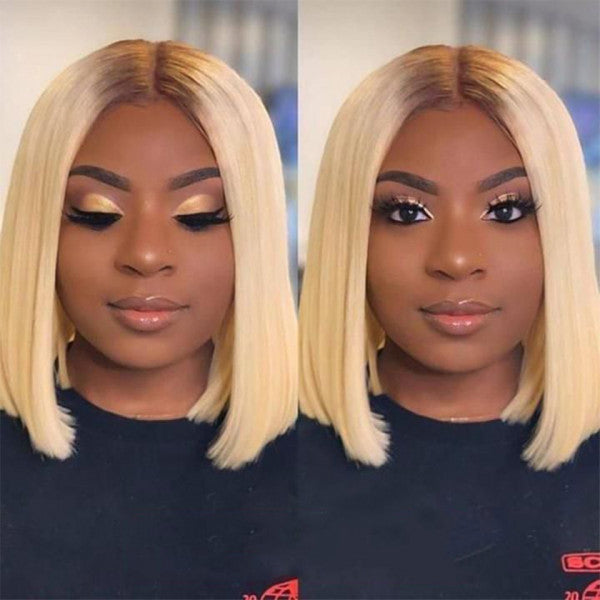 Firieya #4/613 Blonde Bob Wigs with Dark Brown Roots Ombre Lace Closure Bob Wigs