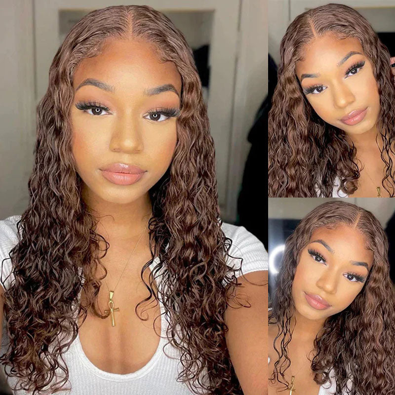Firieya #4 Chestnut Brown Color Water Wave Human Hair Wigs Wear Go Wig Pre-cut Transparent Lace Wig