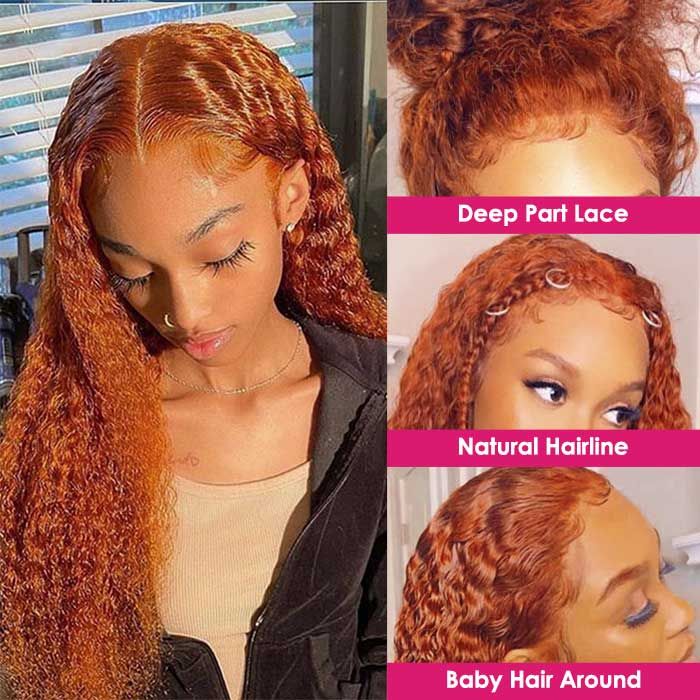 Firieya Water Wave Ginger Orange 13x4 HD Lace Frontal Wigs Curly Human Hair Wig