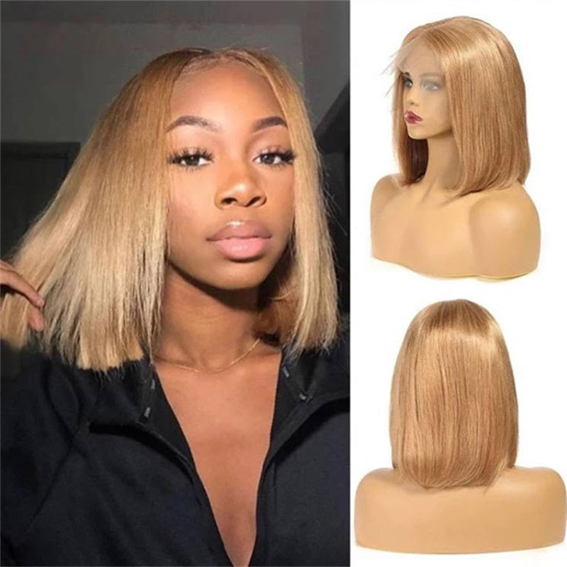 Firieya Glueless #27 Honey Blonde Short Straight Bob 13×4 Transparent Lace Wig