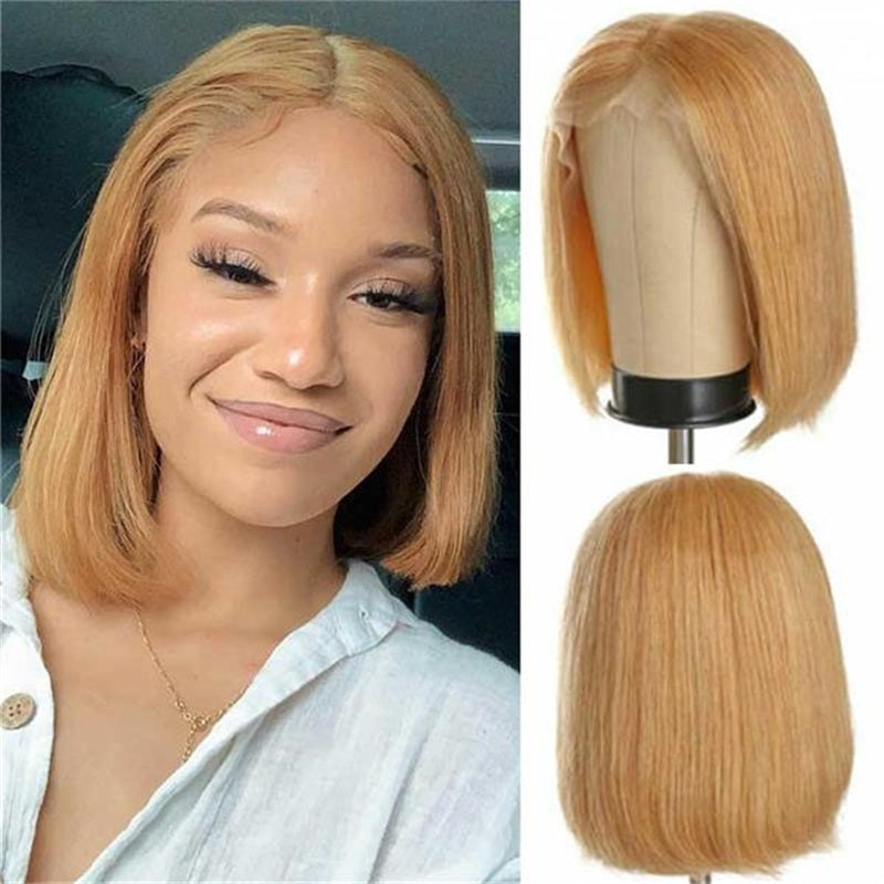Firieya Glueless #27 Honey Blonde Short Straight Bob 13×4 Transparent Lace Wig