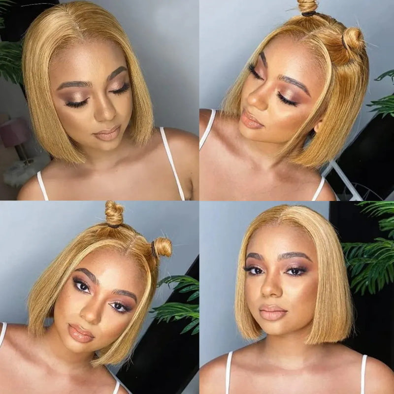 Firieya Glueless #27 Honey Blonde Short Straight Bob 13×4 Transparent Lace Wig