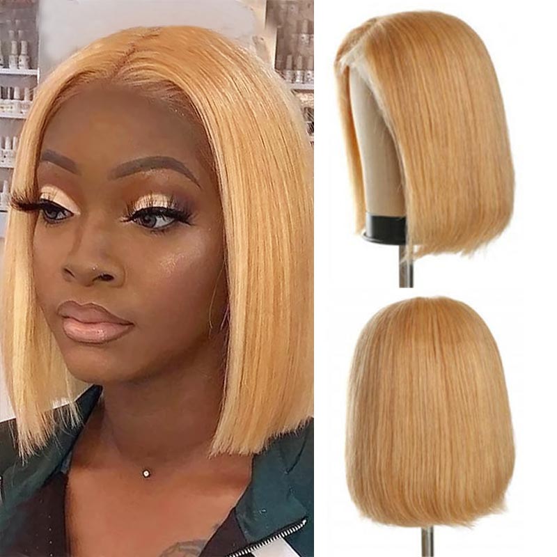 Firieya Glueless #27 Honey Blonde Short Straight Bob 13×4 Transparent Lace Wig