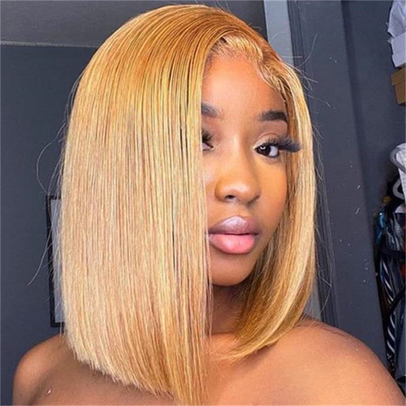 Firieya Glueless #27 Honey Blonde Short Straight Bob 13×4 Transparent Lace Wig