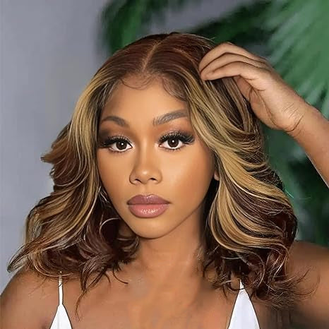 Firieya Body Wave P4/27 Highlight Short Bob Wigs 4x4 Lace Front Human Hair Wigs with Baby Hair