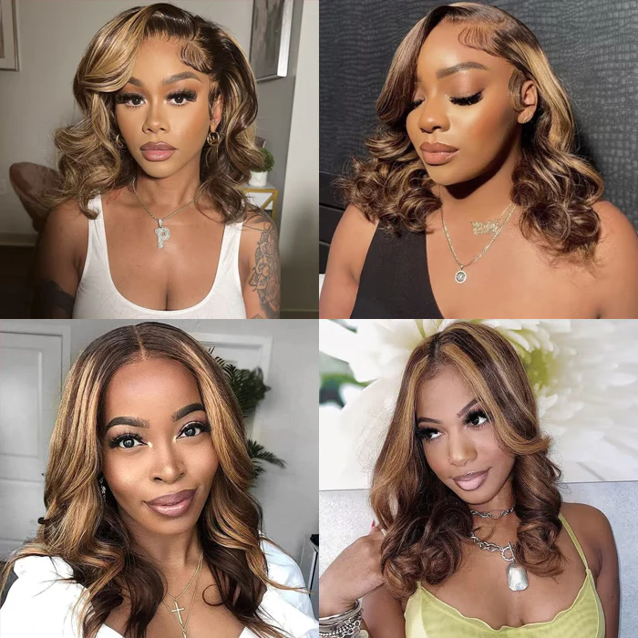 Firieya Body Wave P4/27 Highlight Short Bob Wigs 4x4 Lace Front Human Hair Wigs with Baby Hair