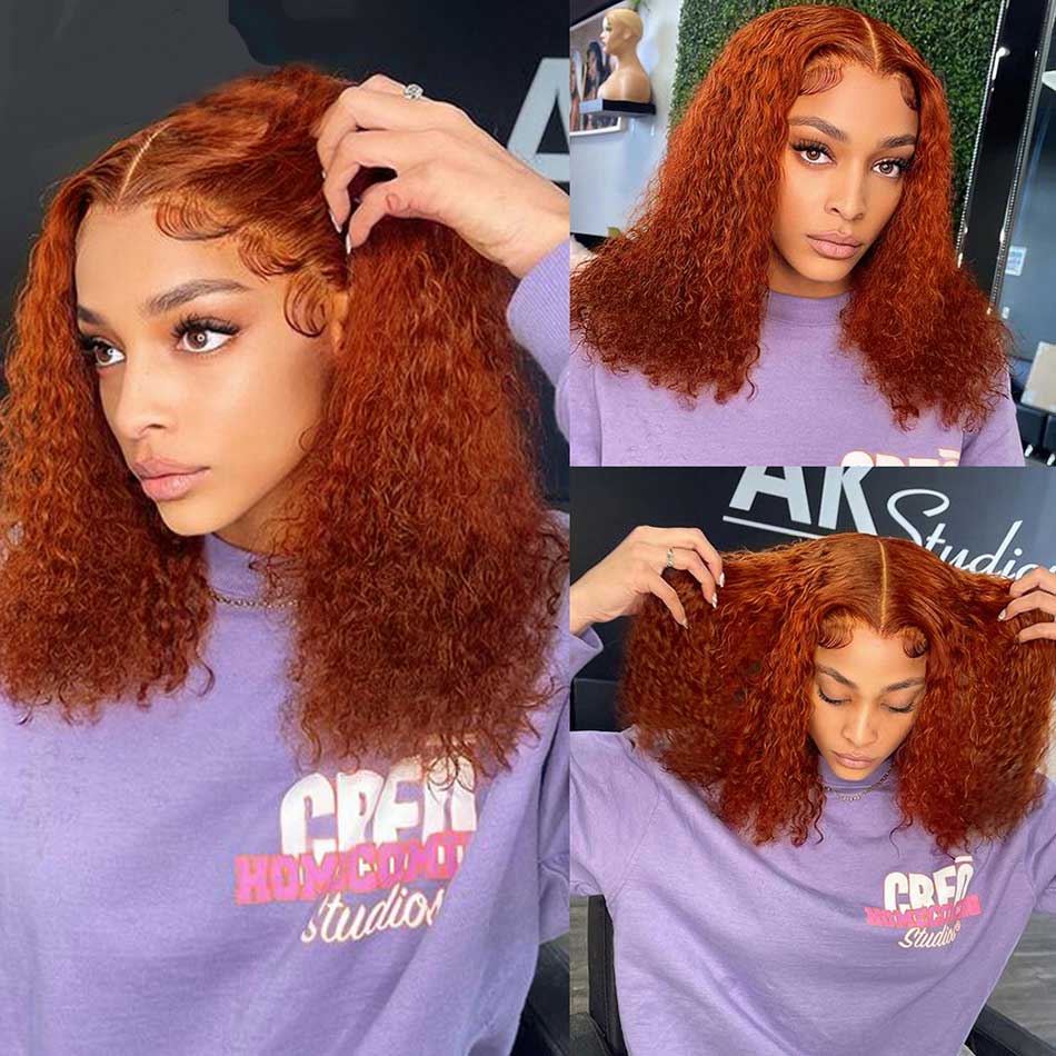 Firieya Pre plucked Orange Colored Jerry Curly Bob Wigs Human Hair 200% Density
