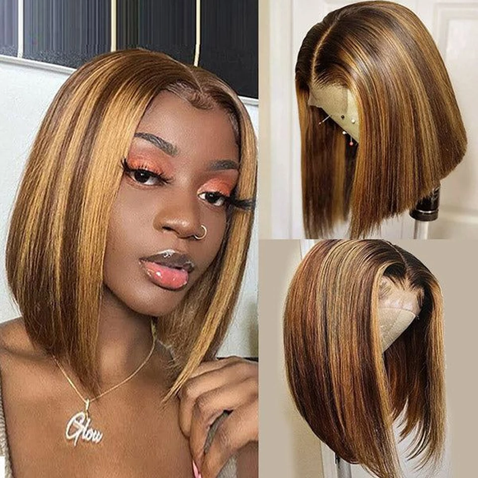 Firieya Highlight P4/27 Straight 4x4/13x4 Lace Wig Short Bob Wigs Hair For Black Women