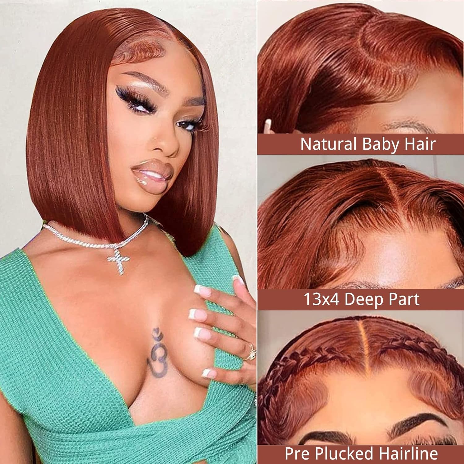 Firieya Reddish Brown Short Bob Wig Human Hair 13x4 Lace Front Wigs Human Hair Pre Plucked with Baby Hair