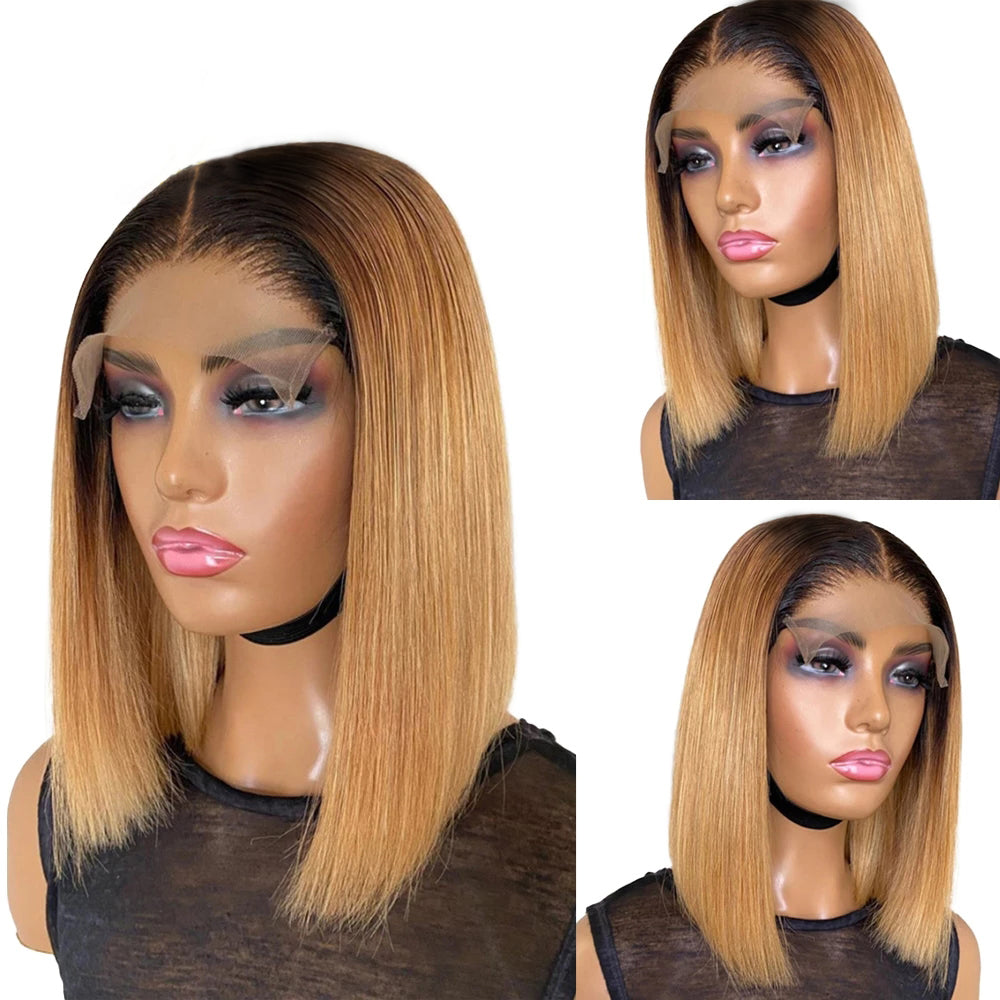 Firieya Short Ombre Honey Brown Blonde 1b/27 Bob Human Wig With Baby Hair
