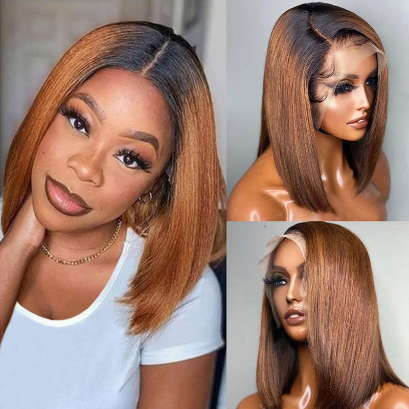 Firieya T1B/30 Human Hair Bob Wig Ombre Straight Short Bob Wigs 13x4 Lace Frontal Wig Pre-Plucked