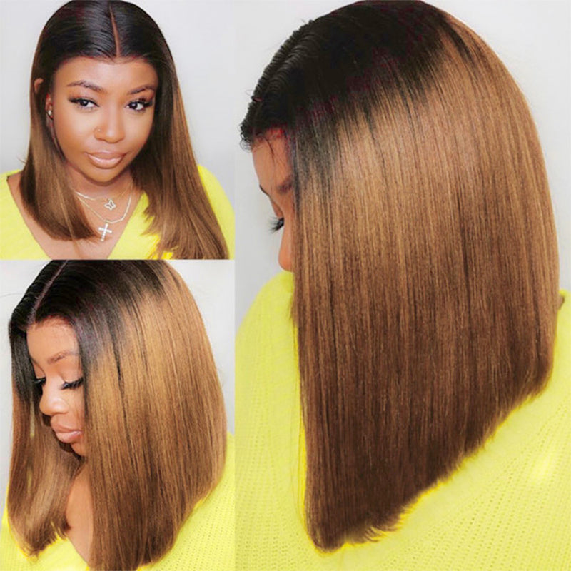 Firieya T1B/30 Human Hair Bob Wig Ombre Straight Short Bob Wigs 13x4 Lace Frontal Wig Pre-Plucked