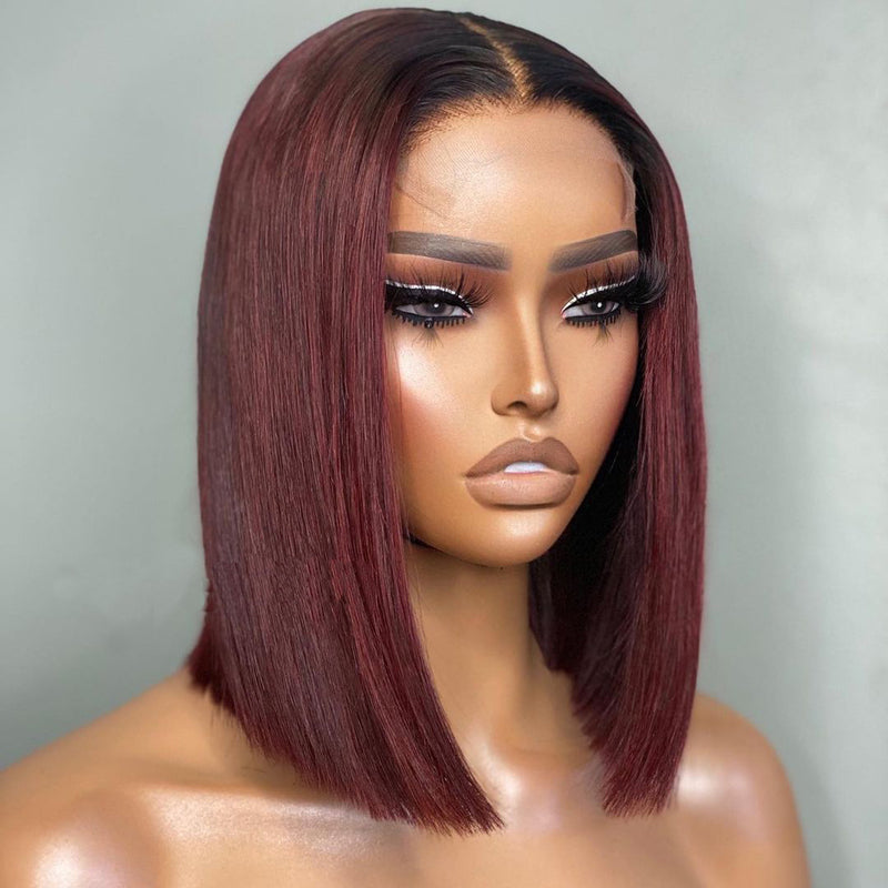 Firieya Ombre T1B/99J Burgundy Short Straight Bob HD Transparent Lace Wig 100% Virgin Human Hair