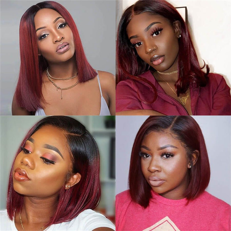 Firieya Ombre T1B/99J Burgundy Short Straight Bob HD Transparent Lace Wig 100% Virgin Human Hair