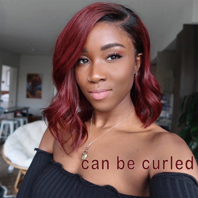 Firieya Ombre T1B/99J Burgundy Short Straight Bob HD Transparent Lace Wig 100% Virgin Human Hair