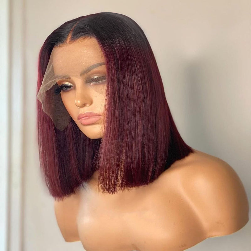 Firieya Ombre T1B/99J Burgundy Short Straight Bob HD Transparent Lace Wig 100% Virgin Human Hair