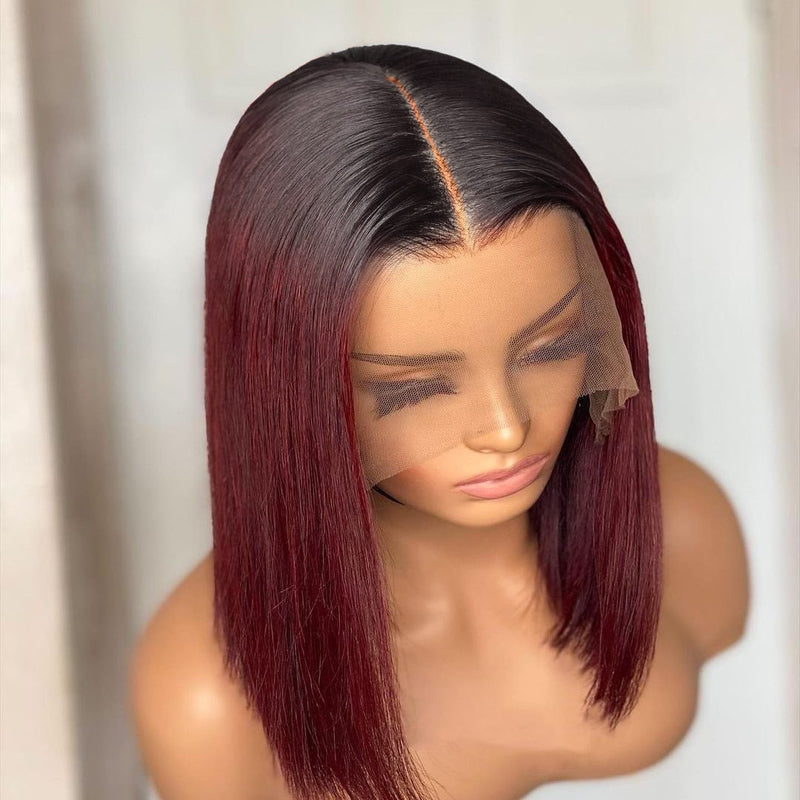 Firieya Ombre T1B/99J Burgundy Short Straight Bob HD Transparent Lace Wig 100% Virgin Human Hair