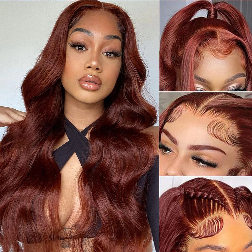 Firieya Reddish Brown Body Wave 4x4 Lace Closure Wig Human Hair Natural Density Auburn Copper Color
