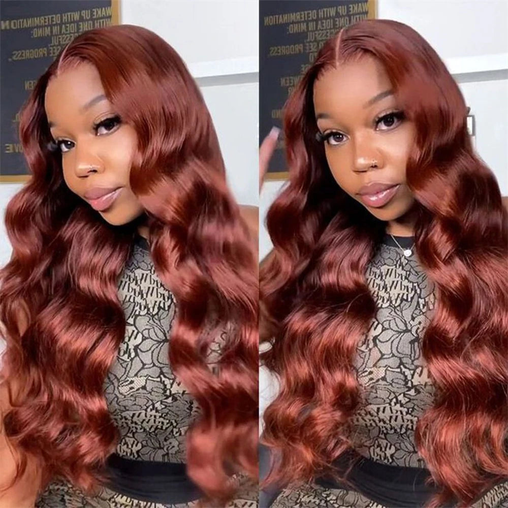 Firieya Reddish Brown Body Wave 4x4 Lace Closure Wig Human Hair Natural Density Auburn Copper Color