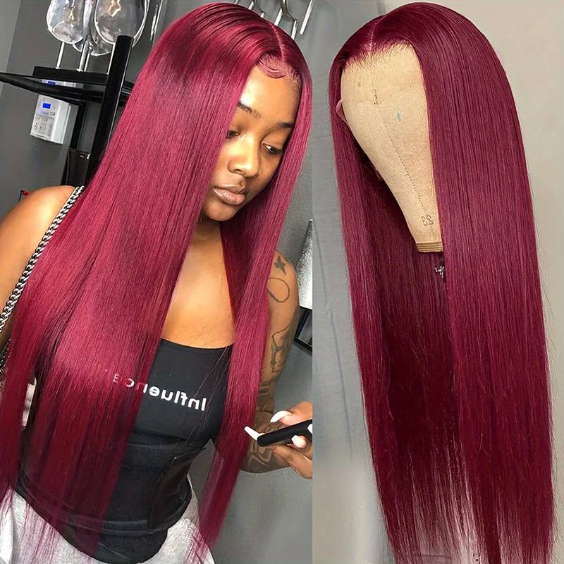 Firieya Straight Burgundy Hair Transparent 4x4 Lace Closure Wig Pre Plucked Human Hair Wigs