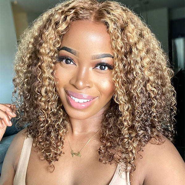 Firieya #4/27 Highlight Brown With Blonde Kinky Curly 4x4 HD Lace Closure Wig With Baby Hair Pre-plucked Natural Hairline