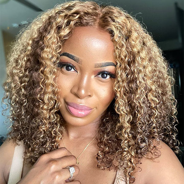 Firieya #4/27 Highlight Brown With Blonde Kinky Curly 4x4 HD Lace Closure Wig With Baby Hair Pre-plucked Natural Hairline