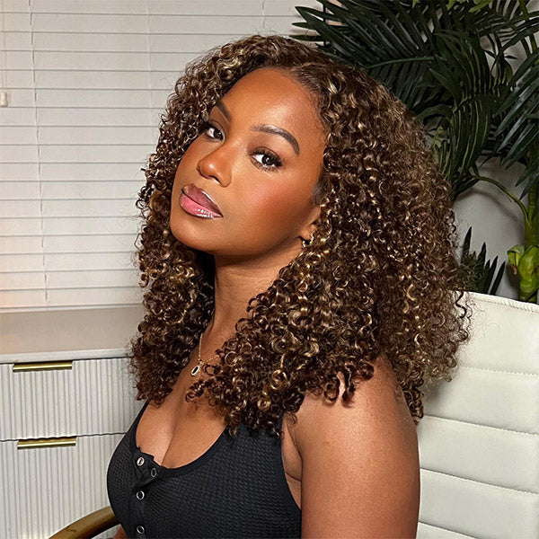 Firieya #4/27 Highlight Brown With Blonde Kinky Curly 4x4 HD Lace Closure Wig With Baby Hair Pre-plucked Natural Hairline