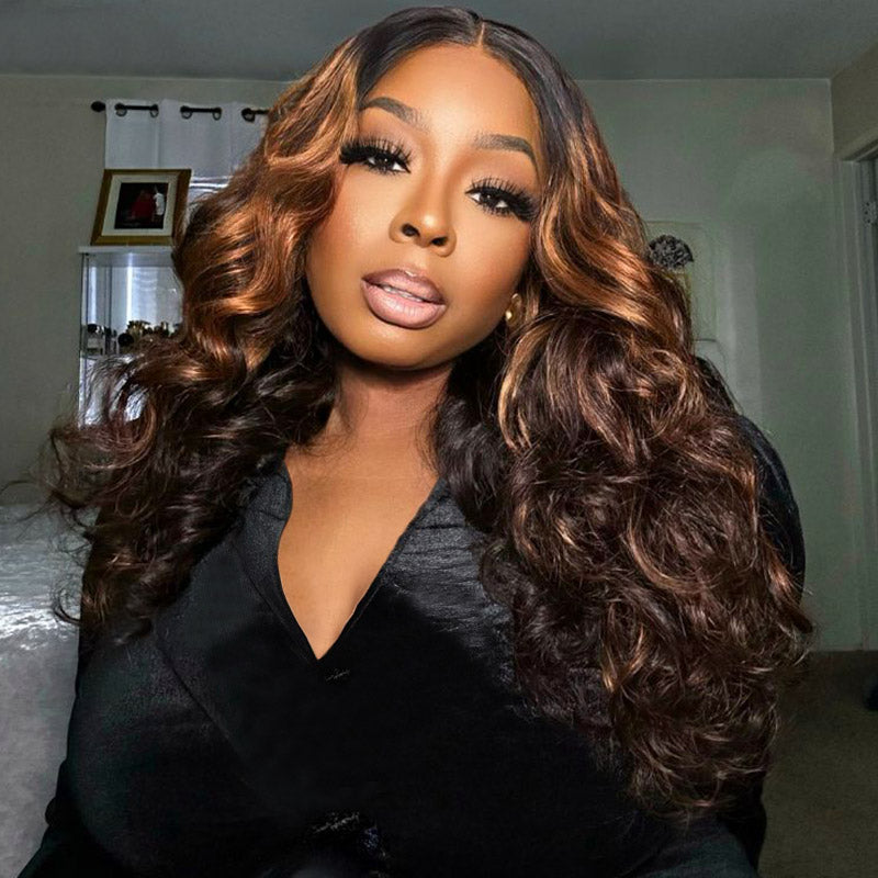 Firieya Honey Blonde Wigs Highlight Ombre 1B/30 5x5 Body Wave Lace Closure Wigs Pre Plucked Human Hair Wig