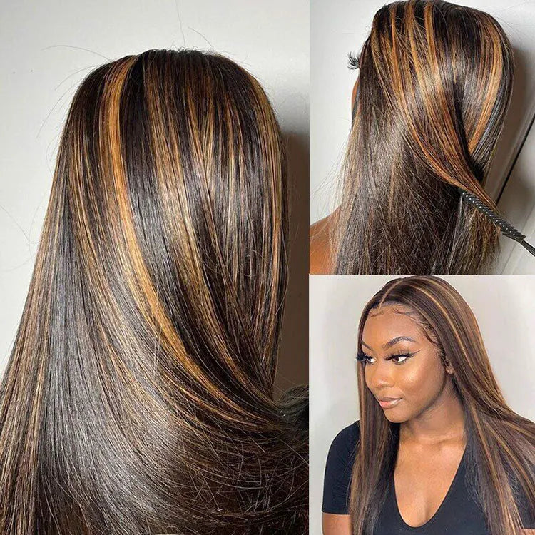 Firieya #1B/30 Ombre Highlight Wig 5x5 Lace Closure Straight Wig for Women Pre Plucked with Baby Hair Human Hair Wig