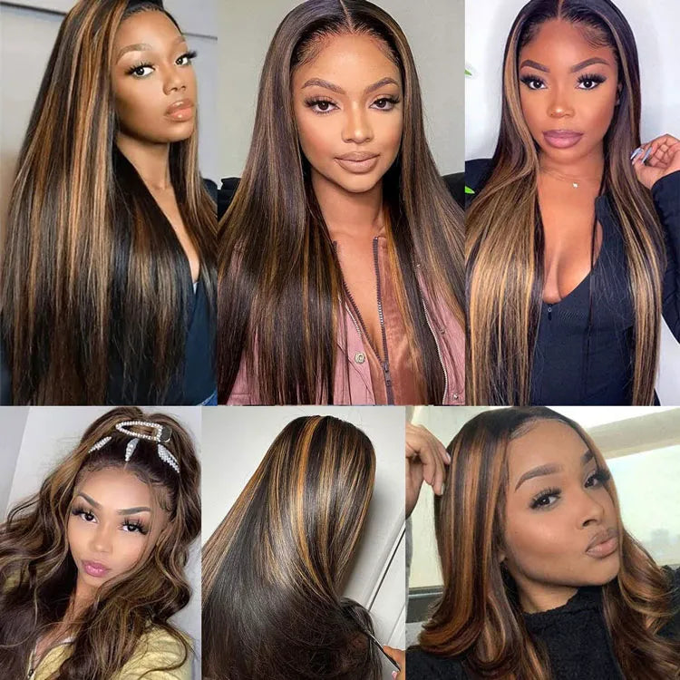 Firieya #1B/30 Ombre Highlight Wig 5x5 Lace Closure Straight Wig for Women Pre Plucked with Baby Hair Human Hair Wig