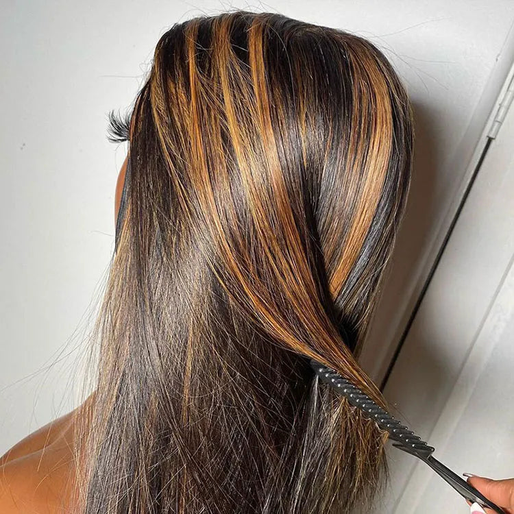 Firieya #1B/30 Ombre Highlight Wig 5x5 Lace Closure Straight Wig for Women Pre Plucked with Baby Hair Human Hair Wig