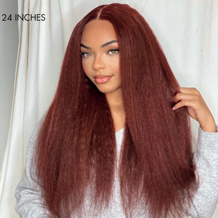 Firieya #33 Reddish Brown Kinky Straight 5x5 Lace Closure Soft Wigs for Black Women Human Hair Wig