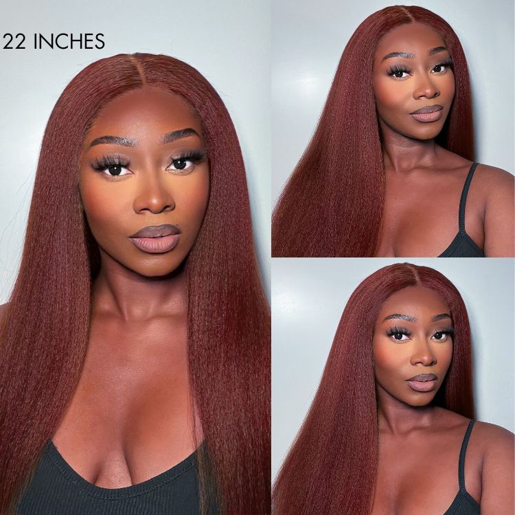 Firieya #33 Reddish Brown Kinky Straight 5x5 Lace Closure Soft Wigs for Black Women Human Hair Wig