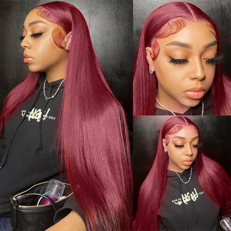 Firieya Straight Burgundy Hair Transparent 5x5 Lace Closure Wig Pre Plucked Human Hair Wigs