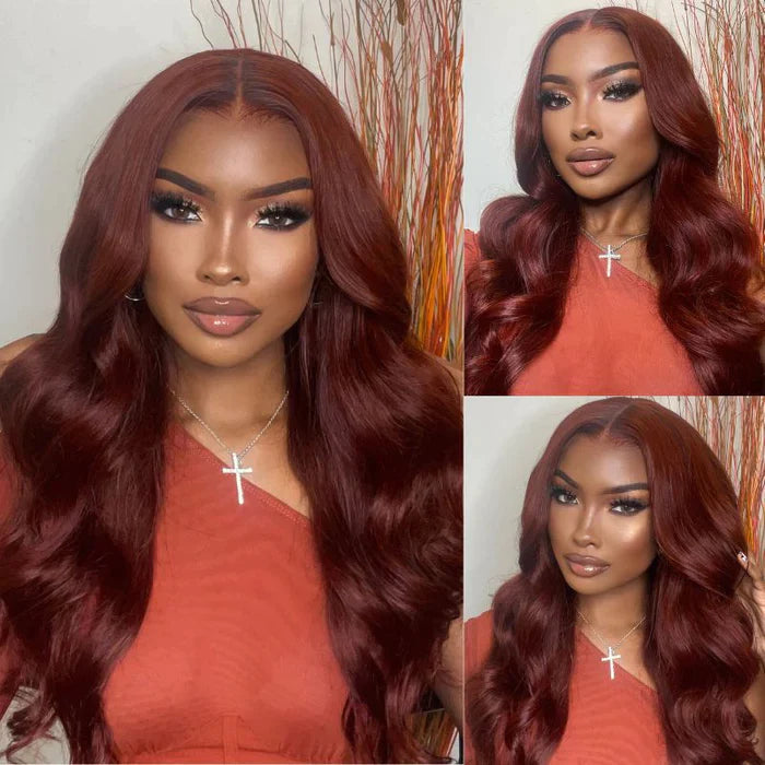 Firieya Reddish Brown Body Wave 5x5 Lace Closure Wig Human Hair Natural Density Auburn Copper Color