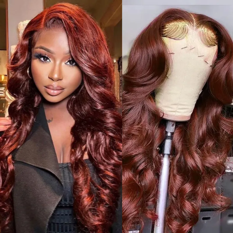 Firieya Reddish Brown Body Wave 5x5 Lace Closure Wig Human Hair Natural Density Auburn Copper Color