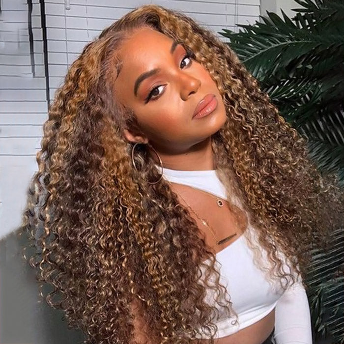 Firieya #4/27 Highlight Brown With Blonde Kinky Curly 5x5 HD Lace Closure Wig With Baby Hair Pre-plucked Natural Hairline