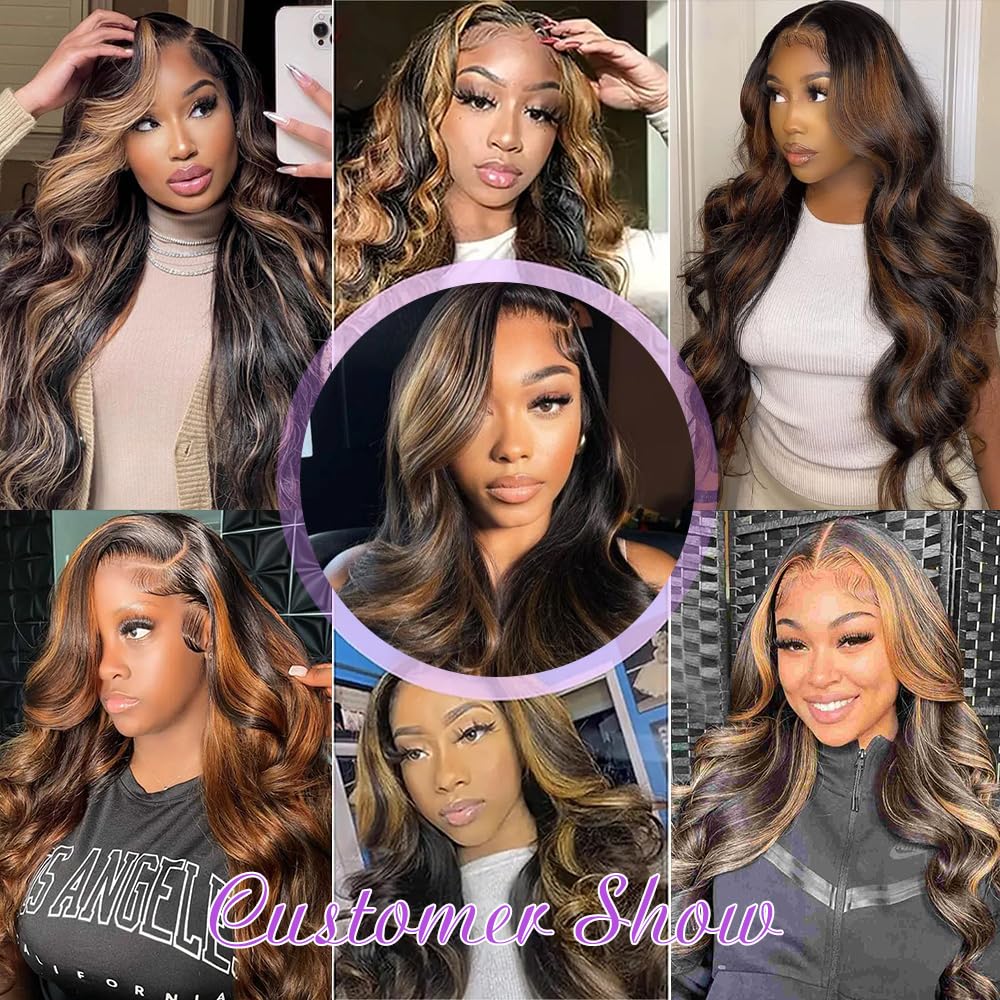 Firieya Honey Blonde Wigs Highlight Ombre 1B/30 13x4 Body Wave Lace Front Wigs Pre Plucked Human Hair Wig