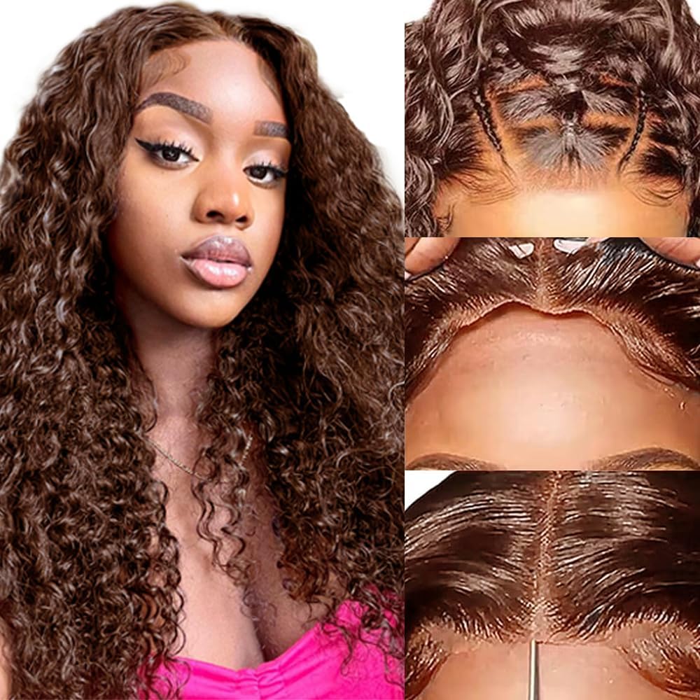 Firieya #4 Chestnut Brown Color Water Wave Human Hair Wigs Wear Go Wig Pre-cut Transparent Lace Wig