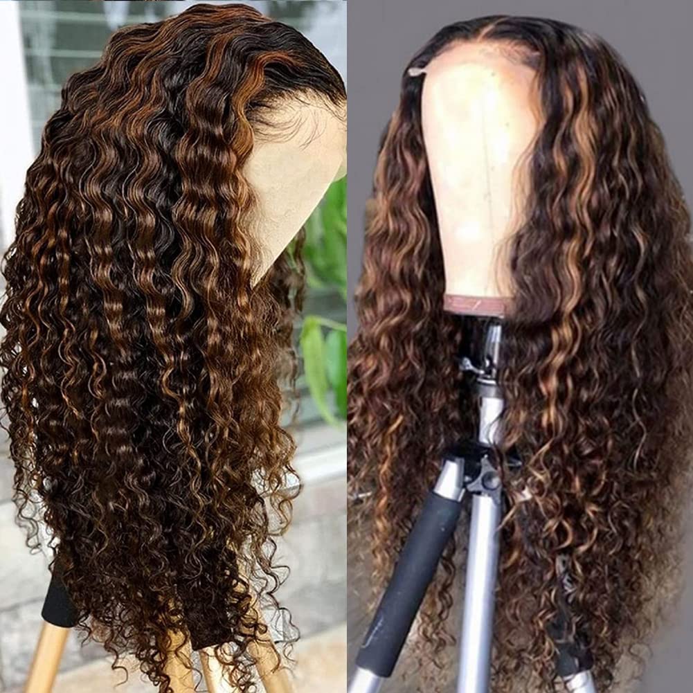 Firieya Balayage 1B/30 Highlight Deep Wave 13x4 Lace Front Wigs Black with Brown Pre Plucked Ombre Curly Wig Human Hair