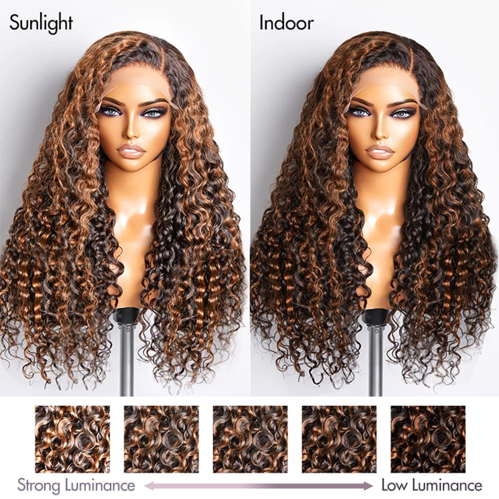 Firieya Balayage 1B/30 Highlight Deep Wave 13x4 Lace Front Wigs Black with Brown Pre Plucked Ombre Curly Wig Human Hair