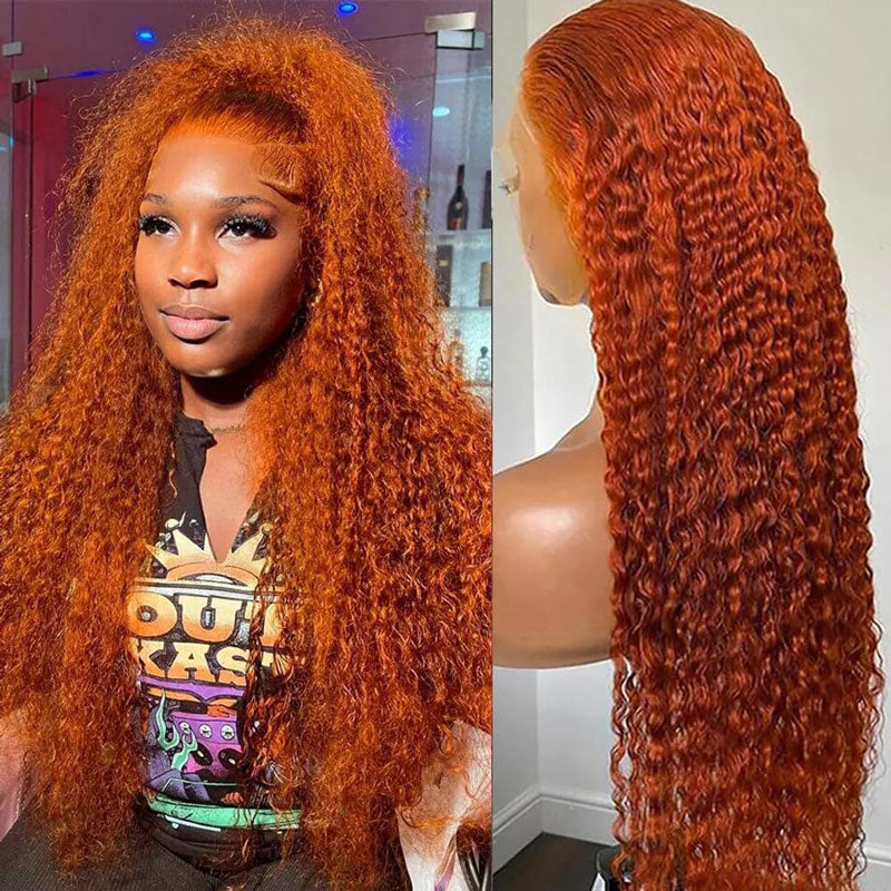 Firieya Water Wave Ginger Orange 13x4 HD Lace Frontal Wigs Curly Human Hair Wig