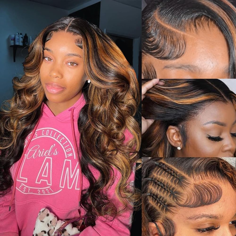 Firieya Honey Blonde Wigs Highlight Ombre 1B/30 13x4 Body Wave Lace Front Wigs Pre Plucked Human Hair Wig