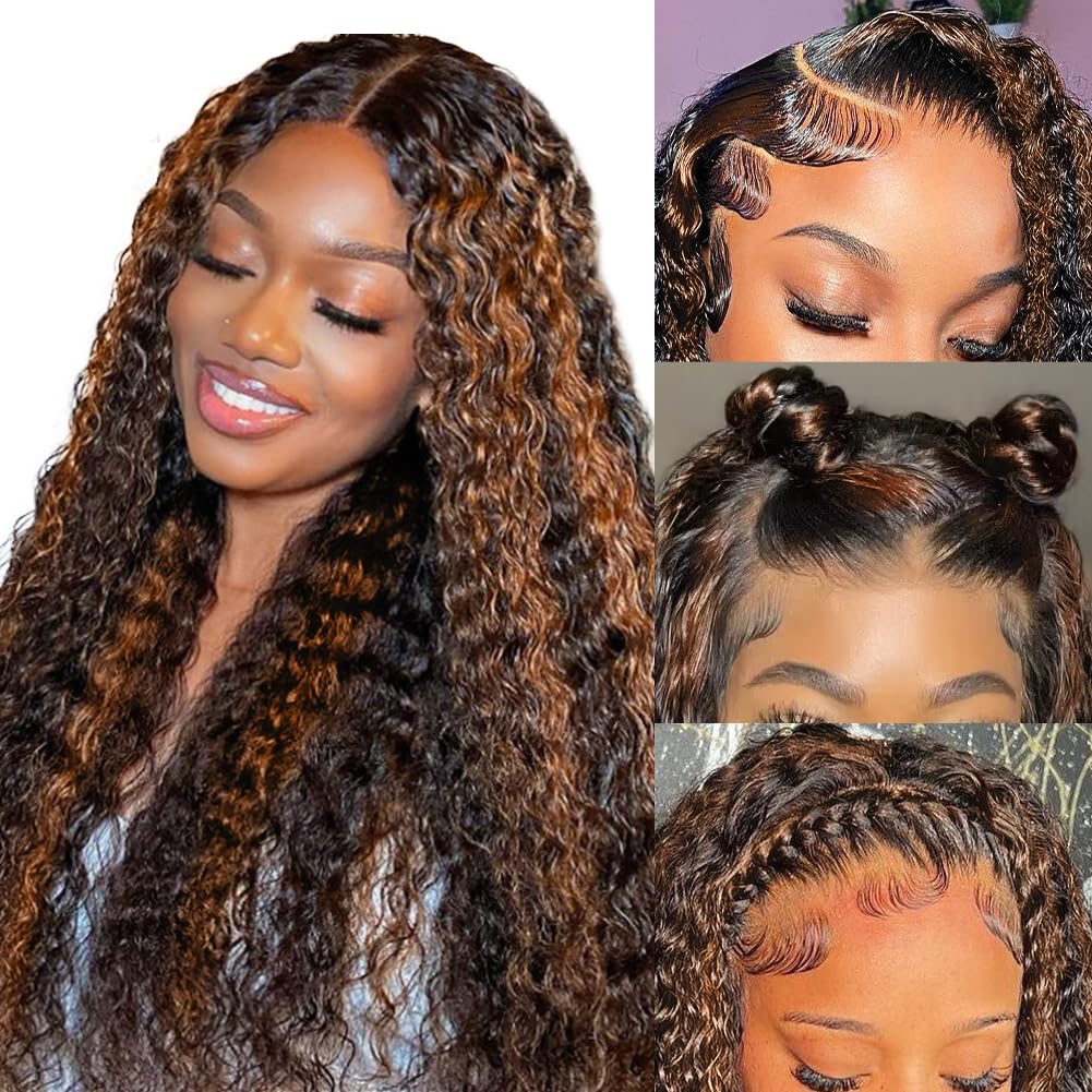 Firieya Balayage 1B/30 Highlight Deep Wave 13x4 Lace Front Wigs Black with Brown Pre Plucked Ombre Curly Wig Human Hair