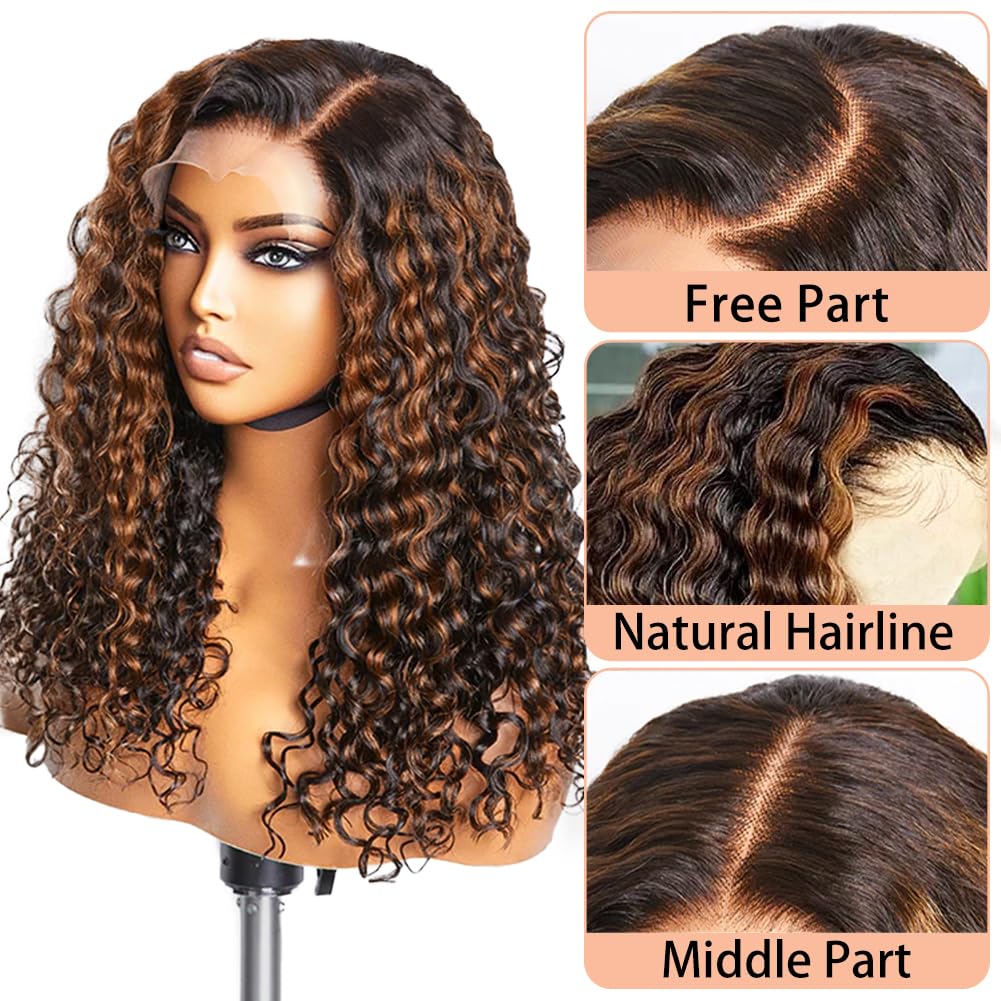 Firieya Balayage 1B/30 Highlight Deep Wave 13x4 Lace Front Wigs Black with Brown Pre Plucked Ombre Curly Wig Human Hair
