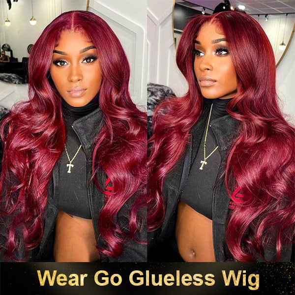 Firieya Pre-cut Lace Wig Body Wave Hair 99J Burgundy Color Wear Go Glueless Wig 7x5 HD Lace Wig Preplucked with Natural Hairline