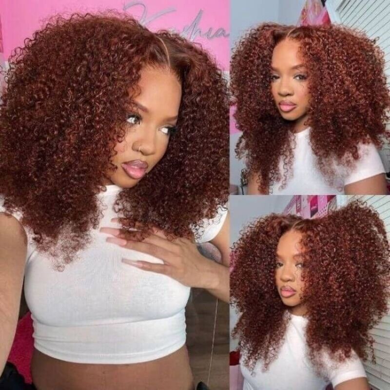 Firieya 7x5 Pre-Cut Lace #33 Reddish Brown Kinky Curly Pre-Bleached Glueless Wig Invisible Lace Wig Dome Cap Wigs