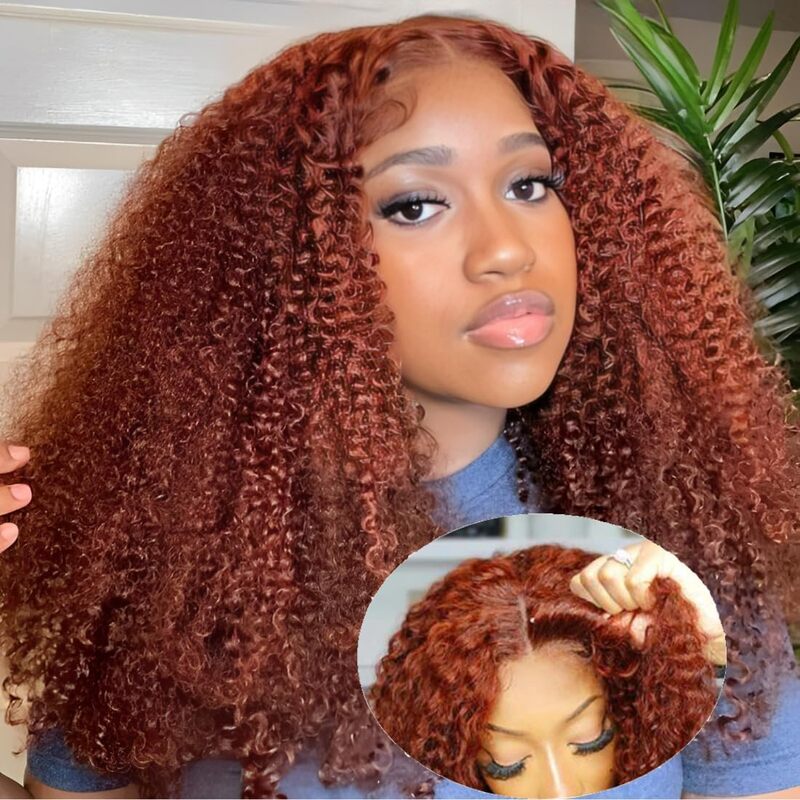 Firieya 7x5 Pre-Cut Lace #33 Reddish Brown Kinky Curly Pre-Bleached Glueless Wig Invisible Lace Wig Dome Cap Wigs