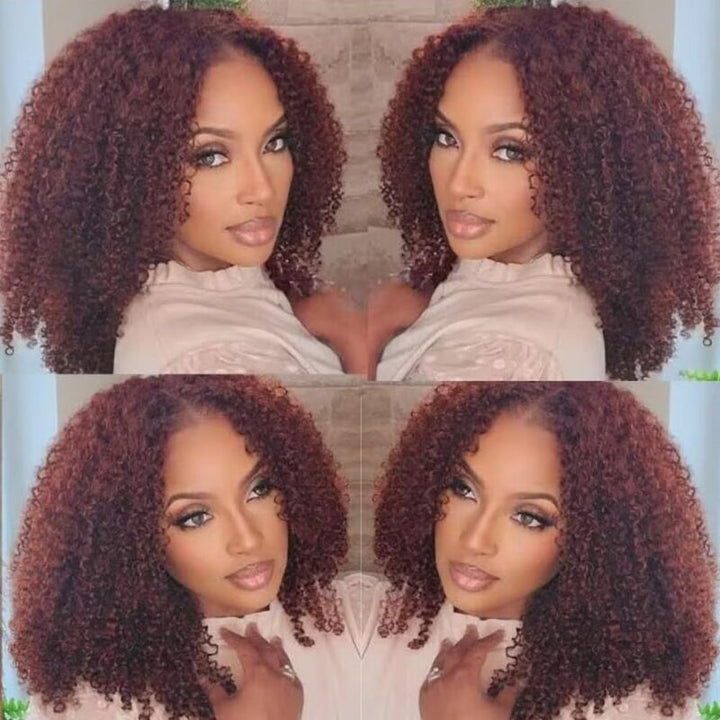 Firieya 7x5 Pre-Cut Lace #33 Reddish Brown Kinky Curly Pre-Bleached Glueless Wig Invisible Lace Wig Dome Cap Wigs