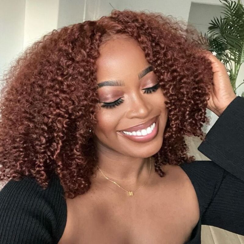 Firieya 7x5 Pre-Cut Lace #33 Reddish Brown Kinky Curly Pre-Bleached Glueless Wig Invisible Lace Wig Dome Cap Wigs